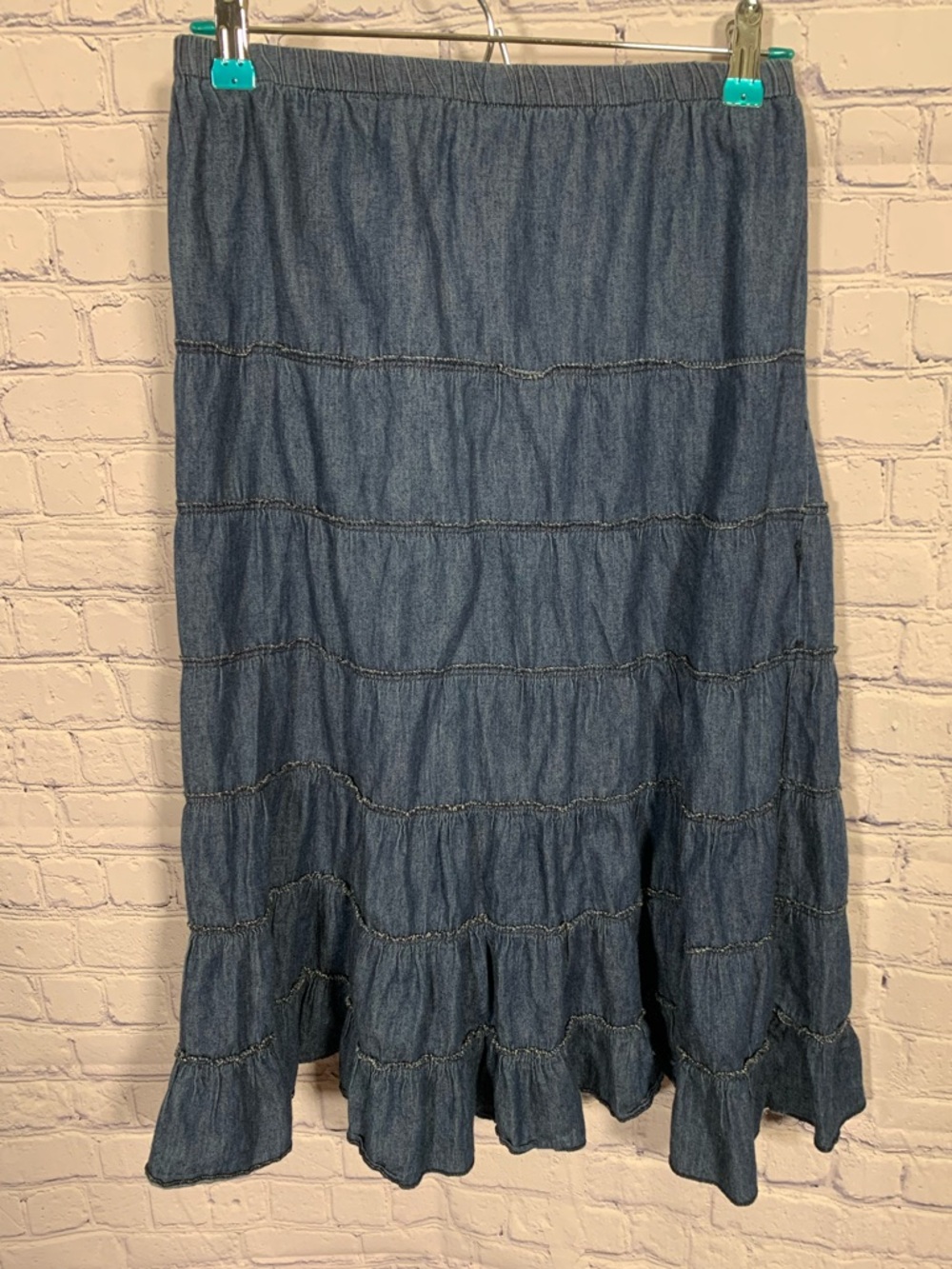 Metrowear Womens VTG Tiered Chambray Maxi Skirt Blue S Cotton Festival Western